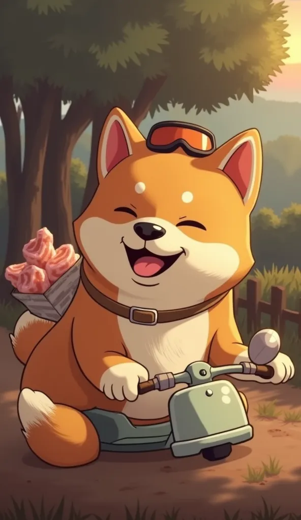 "A Shiba Inu wearing a small helmet and goggles, riding a scooter with a basket full of fresh meat strapped to the back. The dog looks excited as it drives down a peaceful countryside road. The background features a warm sunset, trees lining the road, and ...