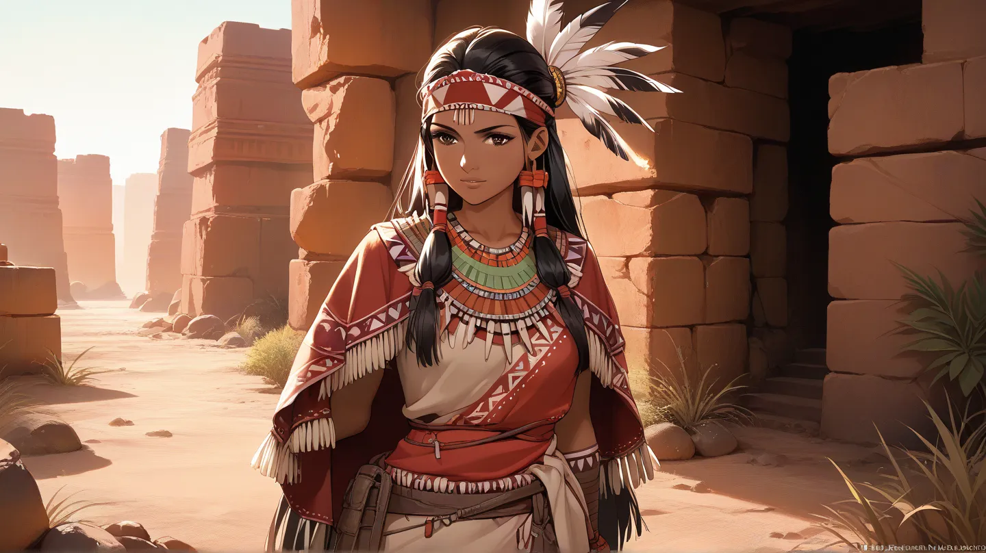 masterpiece, best quality, ultra-detailed, anime-style,
1girl, Native American Apache warrior, tanned skin, long black hair, deep brown eyes, tribal war paint, feathered headband, traditional Apache dress with leather and beads, holding a bow, strong and c...