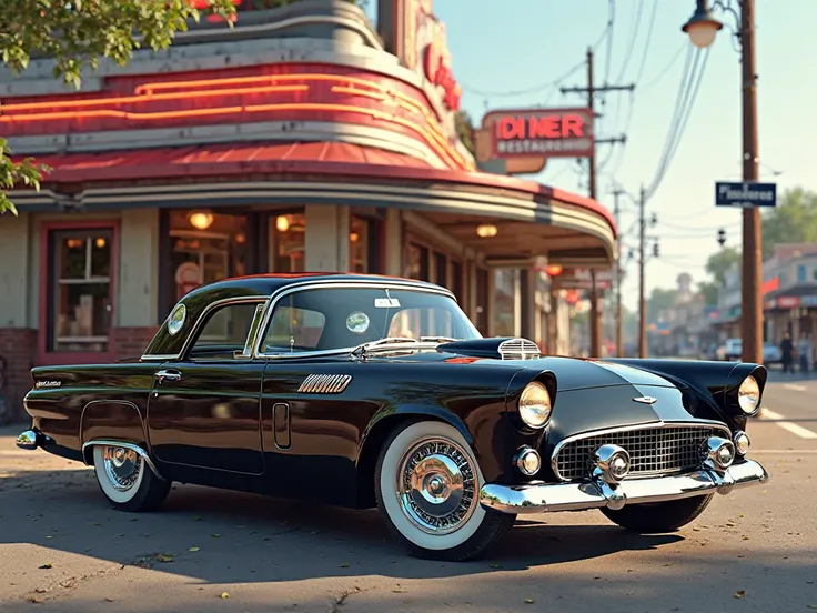 1956 black Ford Thunderbird next to a restaurant.