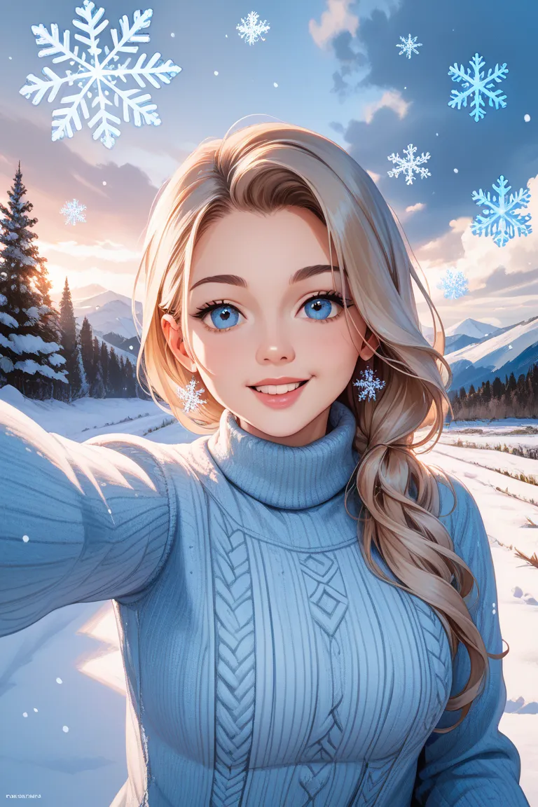  Light Blue Shortcut Woman。 Selfies。 Snow Scenery 