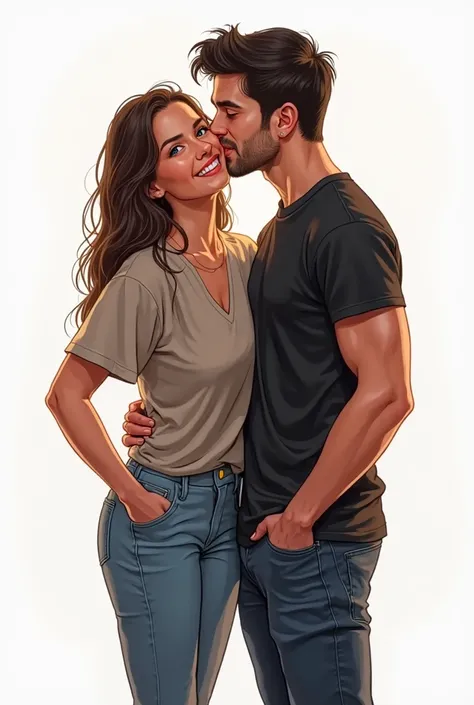 "A semi-realistic digital illustration with line art and touches of modern comics. Nicholas Leister and Sophia MacCarthy are standing in a scene full of complicity and tenderness. Nick, a young man with dark hair, hairstyle and marked features, she wears a...