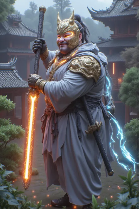 １Screenshot of Human Fat Man 、 male、warrior、Armor、fat、 Japanese、 Japanese Garden、Buildings and structures in Japan、Hold up a fantastic God Soldier weapon、20 years old、smile、obesity