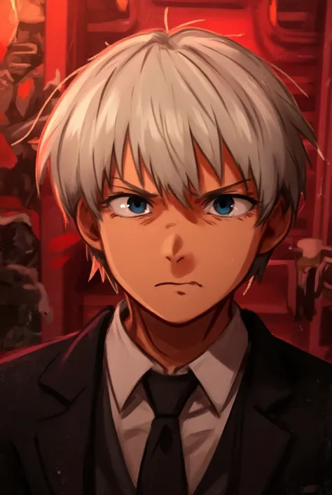 1 boy, white hair, black eyes @_@, red background, black formal clothes, serious look.