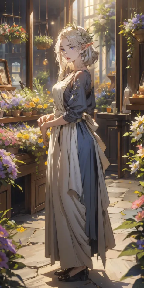 1women, solo, [adult, milf], dynamic pose, graceful shoulders, graceful body, medium breasts, without bangs, long white hair, blue eyes, smile, medieval dress, apron, elf, stands at a flower shop, surrounded by flowers, (masterpiece, best quality, high qua...