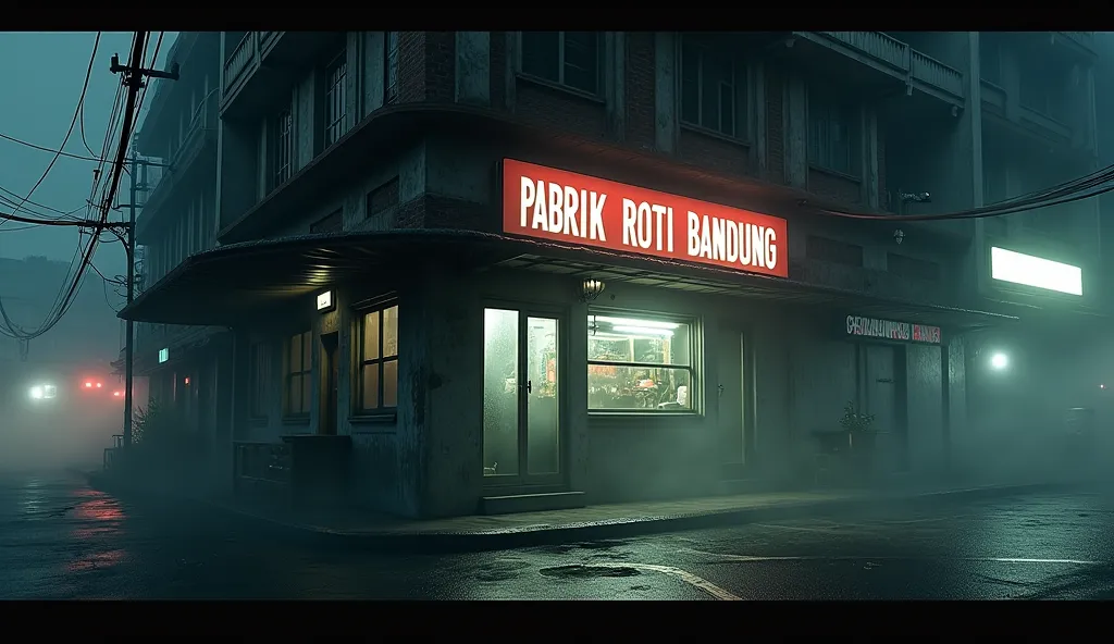 realistic photo, in the corner of the city an old bakery that is still operating called "Pabrik Roti Bandung" at night with a thin fog that is very scary