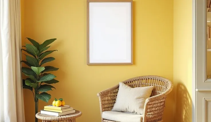 A cozy reading nook designed to resemble a lemon orchard, with pale yellow walls and wicker furniture. Above the chair, a compact A3-sized frame with a white background hangs effortlessly, looking like a cherished memory rather than a formal display. A sta...