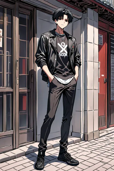 (Full body:1.2), (solo), (handsome), (sharp detailed eyes), (cold expression), (1 male, short hair), (20 years old), (black hair and center parted bangs and with a small white streak), (black eyes), (black casual outfit), (best), (high), (score 9), (x shap...