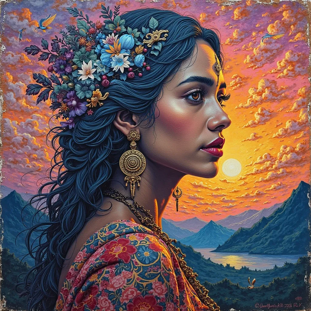 Mahadevi :: alcohol ink intricate details, (thick impasto oil painting, heavily textured, thick brushstrokes, short choppy strokes) :: (in the style of vincent van gogh)" beautiful sunset-red orange pinks purples, Rusted iron, Corrugated cardboard impasto ...