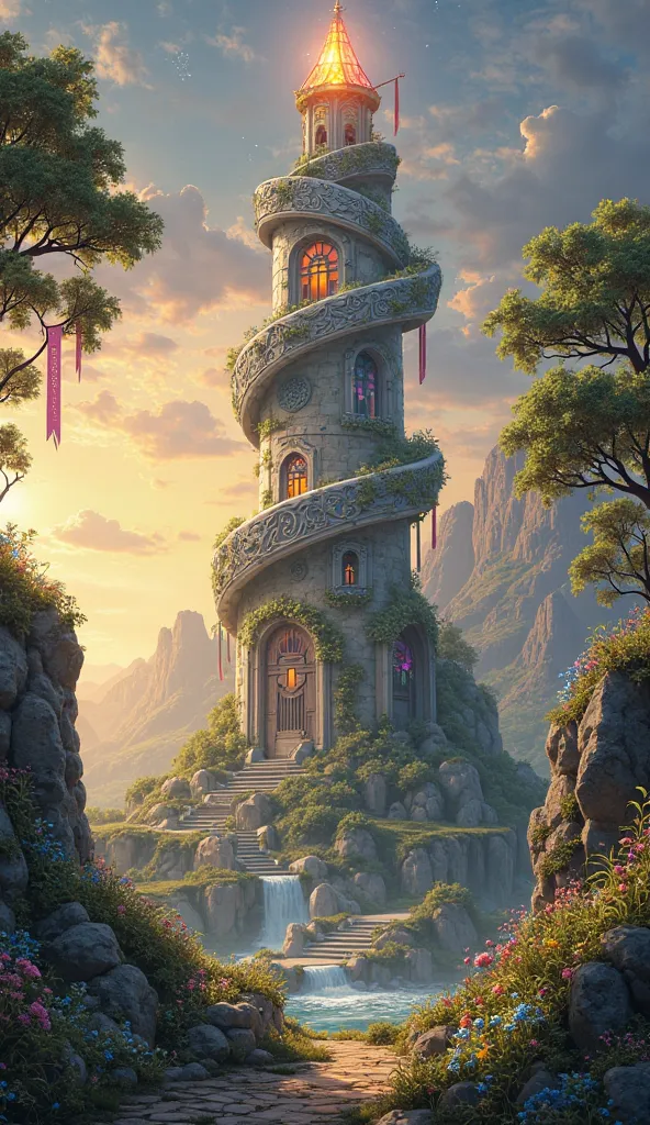 Atop a majestic hill, bathed in the golden light of a setting sun, stands a towering structure of ancient stone and shimmering crystal. This highly detailed tower, spiraling into the sky, is adorned with intricate carvings of mythical creatures and arcane ...