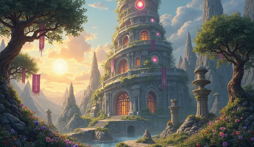 Atop a majestic hill, bathed in the golden light of a setting sun, stands a towering structure of ancient stone and shimmering crystal. This highly detailed tower, spiraling into the sky, is adorned with intricate carvings of mythical creatures and arcane ...