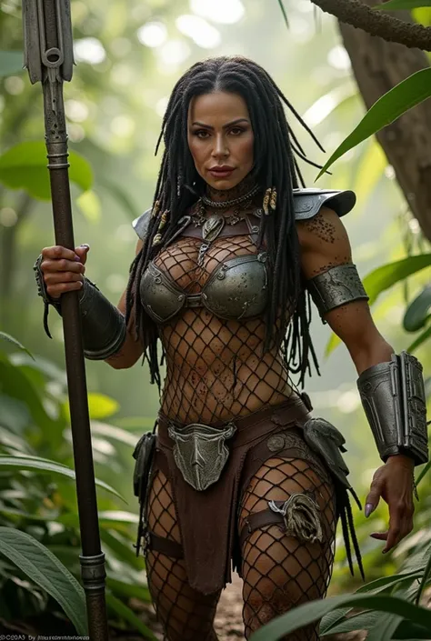 Caucasian Kendra wearing yauja armour. Wrist blades,  Holding long steel soear. Steel breasts plate. Body covered in yauja netting. Small animal skull deciractions on armour.. Kendra face abd head visible, bright eys sparkles, full lips. Long black ornate ...