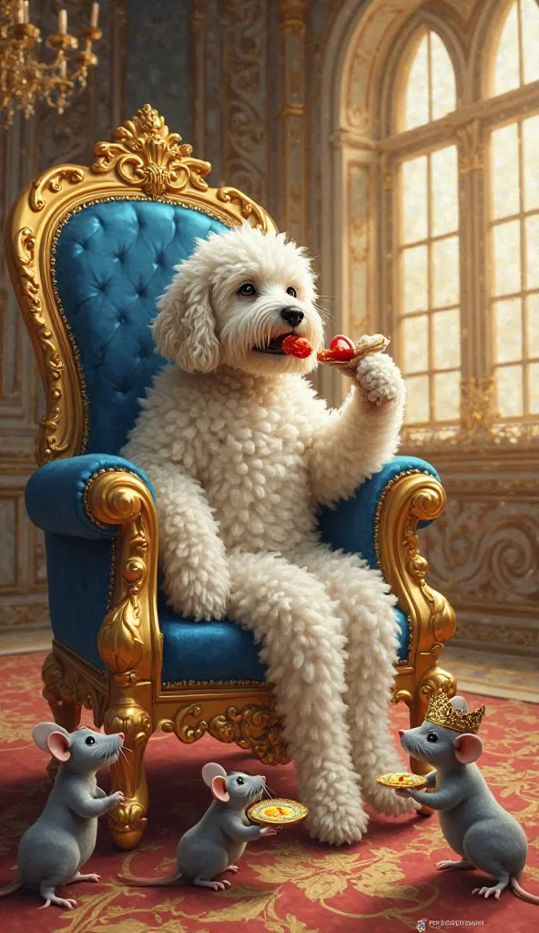 "A big, majestic white Cockapoo is seated on an opulent, golden throne with intricate detailing and royal blue upholstery. The Cockapoo has a relaxed and confident expression as it lifts a piece of fruit to its mouth, enjoying the luxurious moment. The gra...