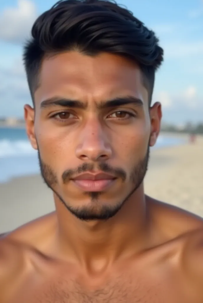  detailed photo of an adolescent young man, Indigenous Argentinean, nineteen years,  light brown skin , short cut and well-groomed dark brown hair, brown eyes, thick and straight eyebrows, medium-sized and slightly protruding ears,  light beard growth , sh...