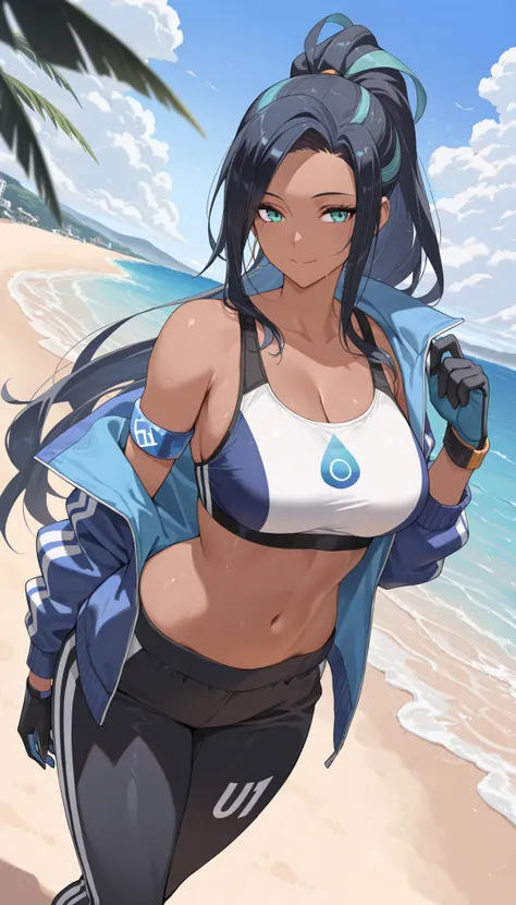 (best quality:1.3), (masterpiece:1.3), (illustration:1.3), (ultra-detailed:1.3), absurdres, 1girl, large_breasts, dark-skinned_female, aqua_eyes, long_hair, blue_hair, black_hair, multicolored_hair, sportswear, sports_bra, black_pants, jacket, large_breast...