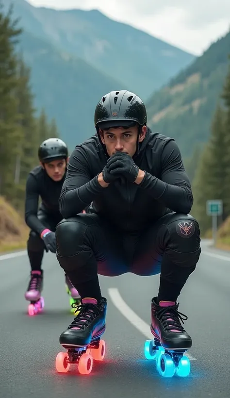 group of massive 20-year-old people descending on skates, crouching with their hands folded in front of their mouths, Do you kneel close to each other on a highway at a curvy speed, wearing black sportswear neon handles on the hands, luminous colored wheel...