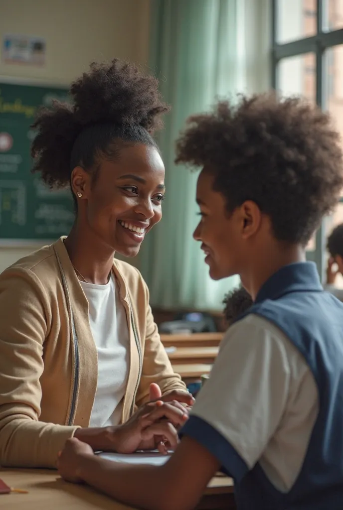 A well dressed African female teacher is seated with a male student in a white and navy blue school uniform in high school, offering support, in a classroom setting 