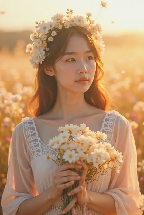 A beautiful Korean girl is wearing a white Odie listening to music ,  masterpiece, is best,  actual :1.3,in a field of Flowers, holding bundle of Flowers,  sunshine, backlit, Emotional Depth, Flowers, Flower Field, bloom, super detailed,  movie particle  