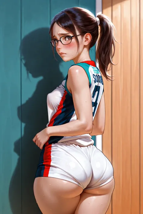 Petite highschooler, ponytail, glasses, volleyball uniform, realistic, thick thighs, wide hips, nice boobs, nice ass, embarrassed 