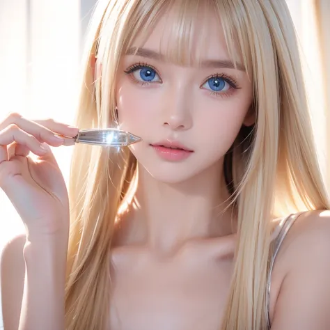 portrait、very white high school girl、Young, white, shiny skin 、Best Looks、Blonde Reflected Light 、 Platinum Blonde Hair with Dazzling Highlights 、 shiny bright hair 、 super long straight hair 、Shiny, beautiful bangs、 sparkling crystal clear and attractive ...