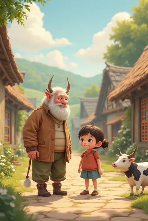 Create an animate image of cute girl with grandfather standing in the village and watch the beautiful cow 