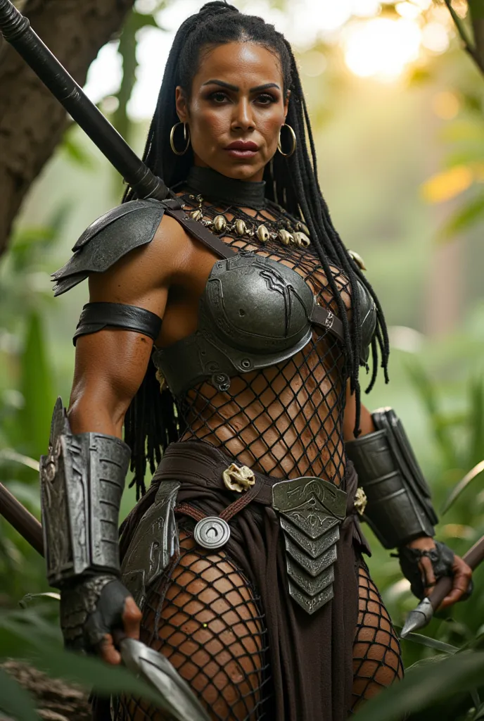 Caucasian Kendra wearing yauja armour. Wrist blades,  Holding long steel soear. Steel breasts plate. Body covered in yauja netting. Small animal skull deciractions on armour.. Kendra face abd head visible, bright eys sparkles, full lips. Long black ornate ...