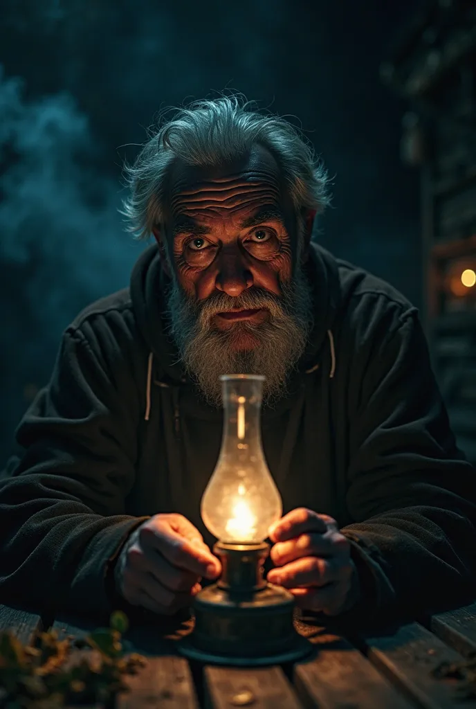 "A mysterious old man with deep wrinkles and a wise expression sits under a dimly lit oil lamp. Shadows flicker across his face, giving an eerie yet intriguing aura. His eyes hold untold secrets, as if he has witnessed countless supernatural events. The ba...