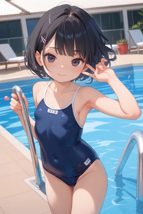  big pool 、blushing girl with black hair, short hair, dark eyes, dark eyes, wearing a dark blue school swimsuit by the pool。Hold one leg by the pool and open your leg。Small breasts,  body, petite。high quality、high quality、 realistic colors、5 carefully draw...