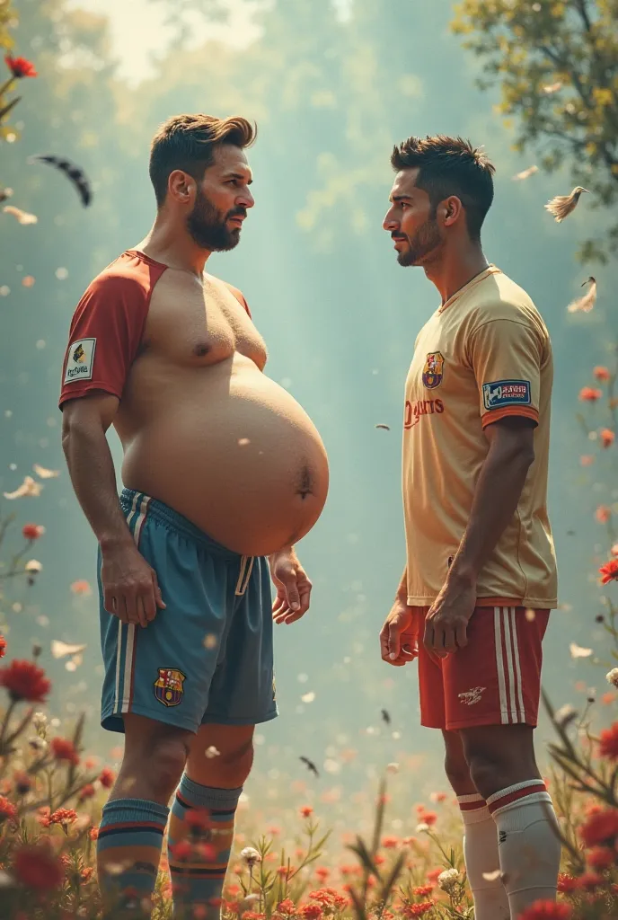 Messi is pregnant and standing next to ronaldo