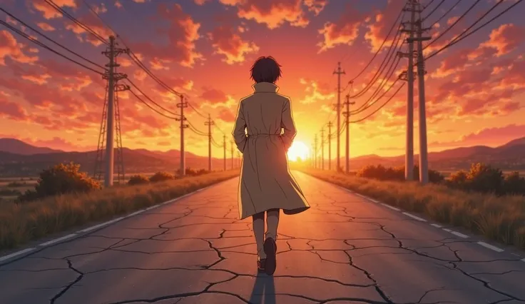 A lone anime character, wearing a trench coat, walking down a cracked highway at sunrise, Japanese anime, particularly a retro or action-packed style. The artwork seems reminiscent of shows from the '80s and '90s, with the vibrant background and character ...