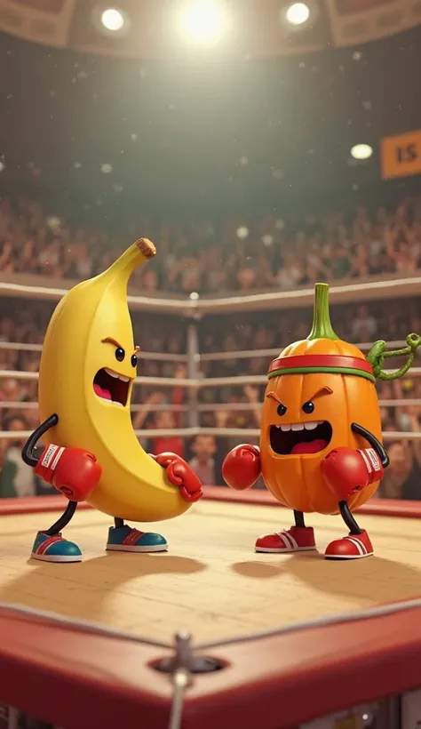 3D cartoon illustration, inspired by classic animations with expressive eyes and mouths. The setting is a fruit bowl transformed into a fighting ring, similar to the UFC, with strings around it and a stylized wooden floor.  in the center, a banana and a pu...