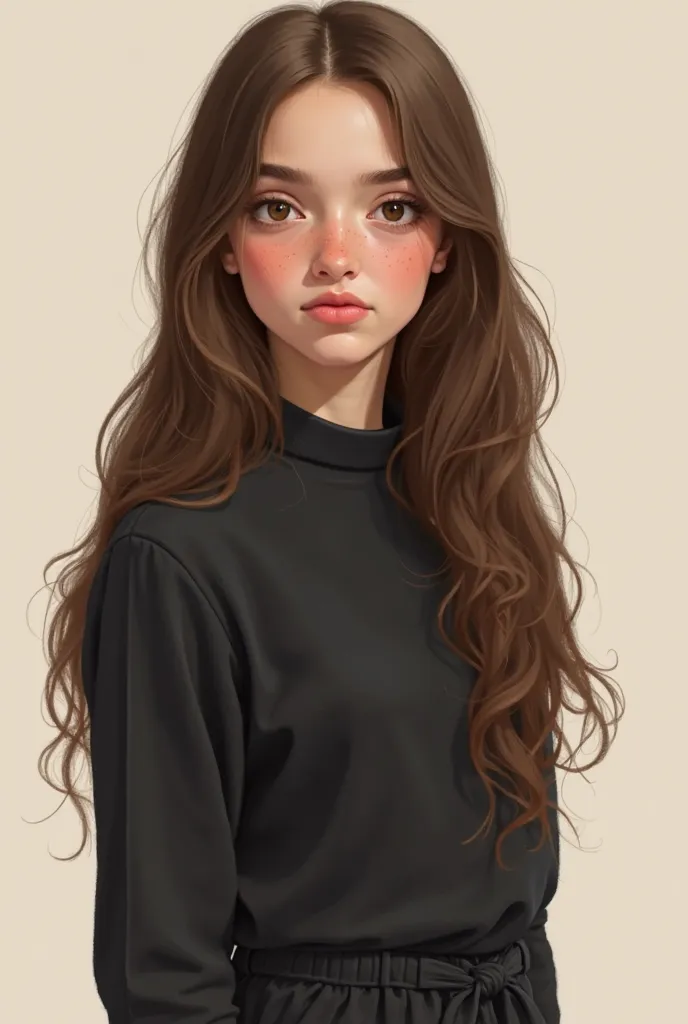 

A realistic painting of a 16-year-old girl with long, wavy brown hair worn down. She has brown eyes of average size, light skin that is not too pale, and naturally subtle eyebrows that are thinner and slightly lighter than her hair. Her nose has a natura...