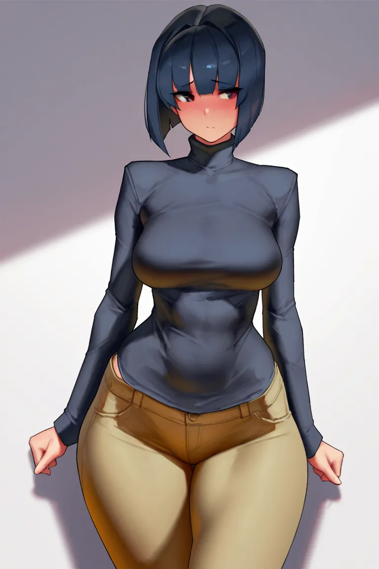 eu03, 1girl, very short hair, dark blue hair, medium breasts, long sleeves, wide hips, thick thighs, solo, white background, cowboy shot, bob cut, shy, pants, 