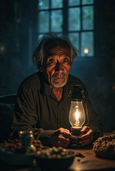 "A mysterious old asian man with deep wrinkles and a wise expression sits under a dimly lit oil lamp. Shadows flicker across his face, giving an eerie yet intriguing aura. His eyes hold untold secrets, as if he has witnessed countless supernatural events. ...