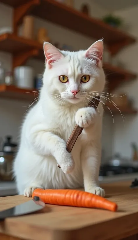 A white cat standing on a kitchen shelf, with one paw resting on the shelf for balance. The cat holds a knife in its left paw, skillfully cutting something on the shelf. In its other paw, the cat grips a carrot, and it seems to be slicing it carefully. The...