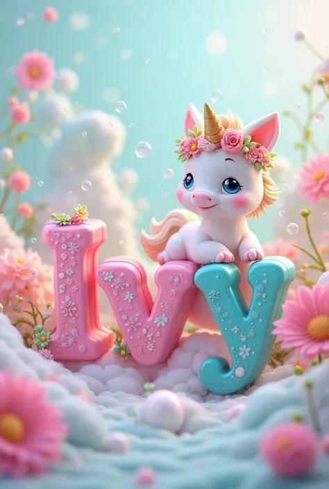 Ivy 3d name colors written in a background 3D cute baby unicorn wearing flowers on her head floating bubbles cute flowers and small details 