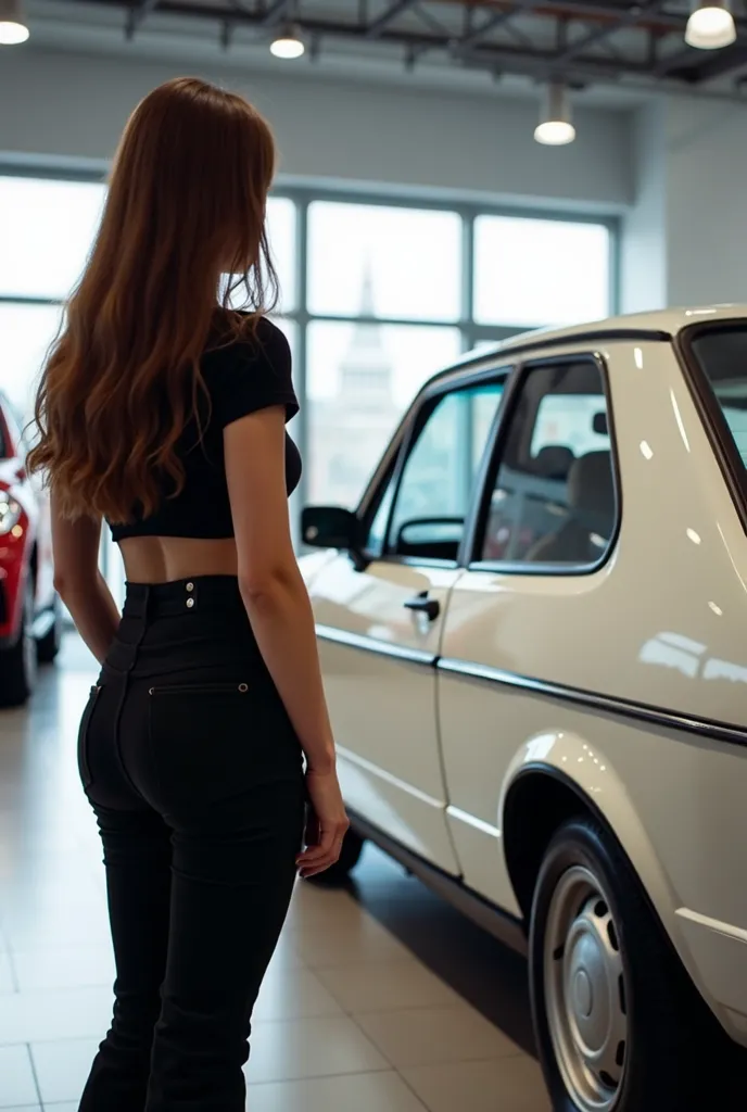 Create the image of a girl admiring a white Jetta gti that is on display. She must be white with long brown hair, wearing black flare pants and a black cropped t-shirt too. the image format must be rectangular, Stop a painting and the car must fill the ima...