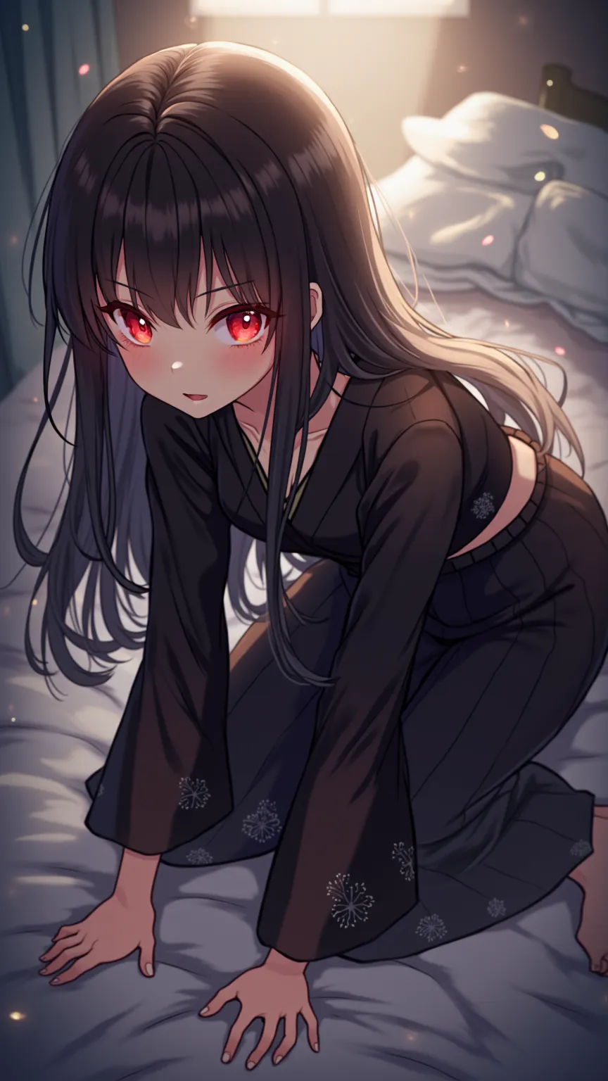 anime girl with red eyes and dark hair wearing a black kimono, Anime illustration by Yang J,  pixiv contest winner, Fantasy Art, BEAUTIFUL ANIMATED PORTRAIT,  anime style 4k , beautiful anime girl crawling on the bed,  red eyes light up ,  beautiful anime ...