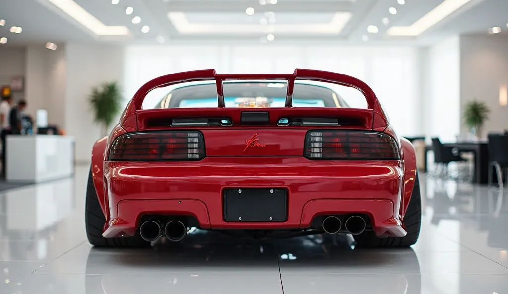 A highly detailed back-side view of a modified Pontiac firebird  showcasing its sleek, lowered stance with the rear bumper almost touching the ground. The car's glossy red color reflects the soft ambient lighting, highlighting the smooth curves and modern ...