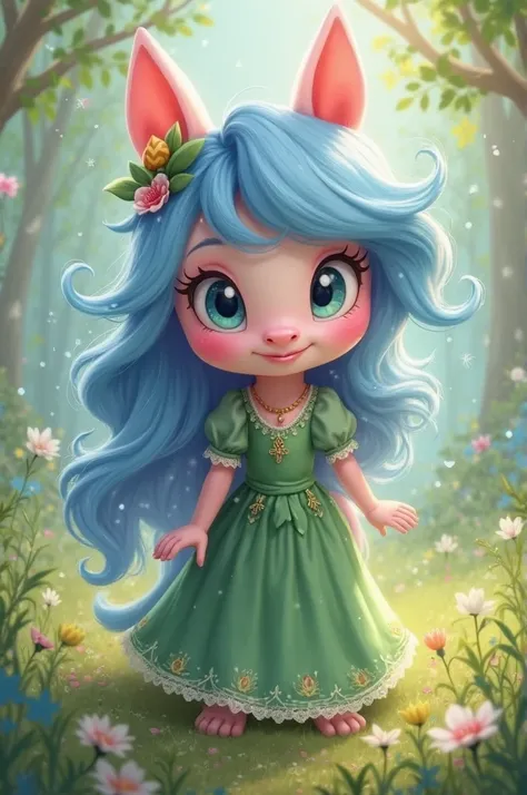 A Pony character, skin color, Pink, blue hair, Green clothing 