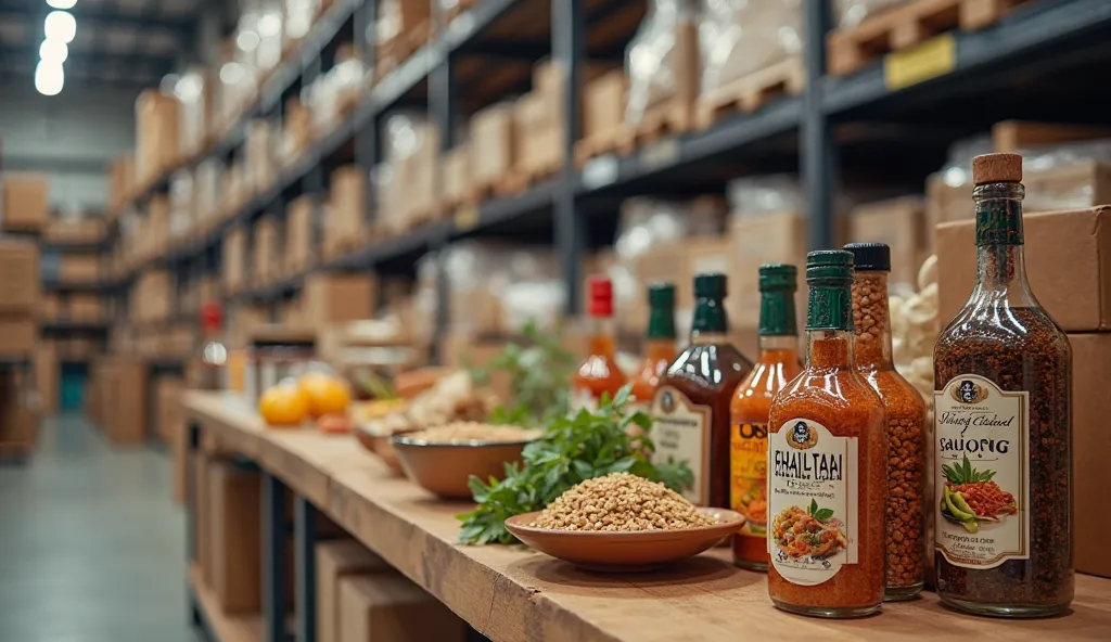 A professional and modern warehouse filled with neatly organized food products, including Thai seasoning bottles, dried goods, and packaged ingredients. The scene includes soft lighting and a premium ambiance, conveying trust and quality for a B2B food sup...