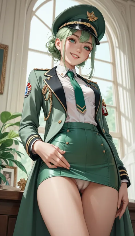 (Beautiful girl), smile, military uniform, light green short-sleeved shirt, ultra-short pencil skirt, green skirt, tie, green suit, military hat, slim girl, skinny girl, small breast, front, cowboy shot, white panties, cameltoe, front, from bellow, low ang...