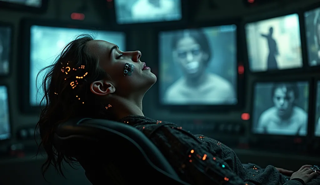 Create a chilling scene inspired by The Final Cut (2004), showing a person lying in a dark, futuristic chair, facing sideways with their head turned toward the camera. High-tech electrodes with glowing circuits and metallic details are clearly attached to ...