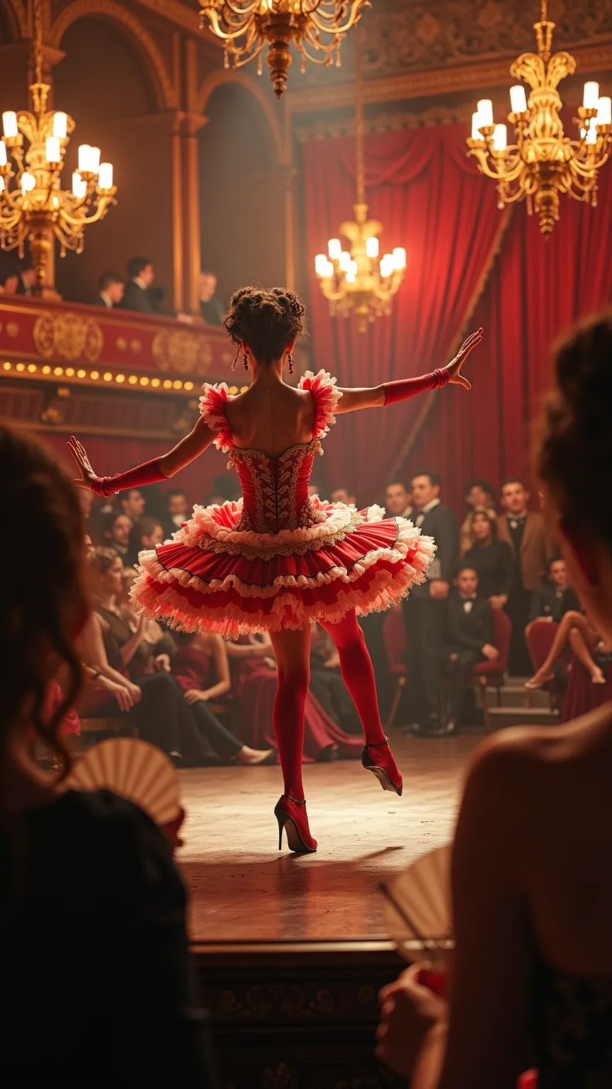 Ultra photorealistic, 8K image depicting the interior of the Moulin Rouge in Paris, 1891, seen from the subjective point of view of a viewer. Only their hands are visible, perhaps holding a drink or a fan, while observing a female French cancan dancer on s...