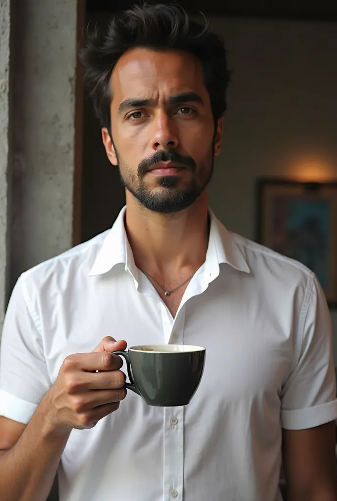 Crooked man in a white shirt holding a cup of coffee,  a photo of Nándor Katona ,  , Neo-dad , David Rios Ferreira, Mohamed disappears, edu souza, carmelo blandino, icaro carvalho, Caio Santos, guimarães,  Henrique Alvim Corrêa 