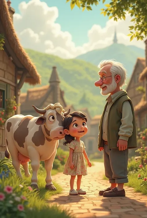 Create an animate image of cute girl with grandfather standing in the village and watch the beautiful cow with the milk 