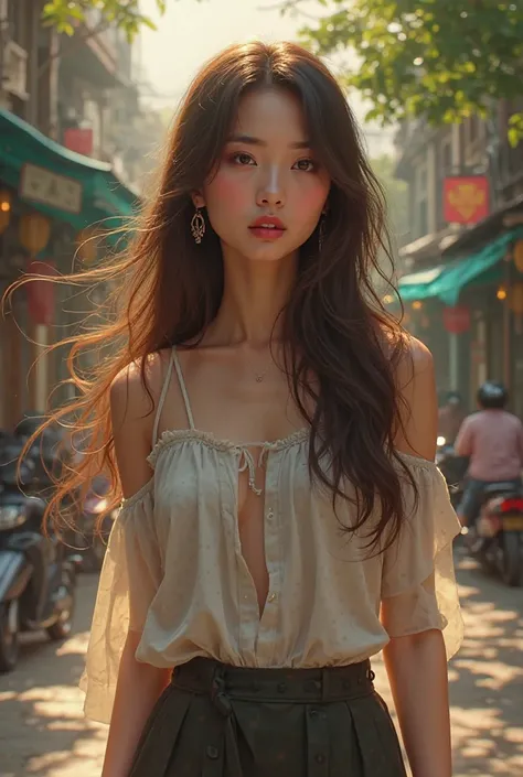 A very beautiful brunette Asian girl is standing in Hanoi and dreaming 