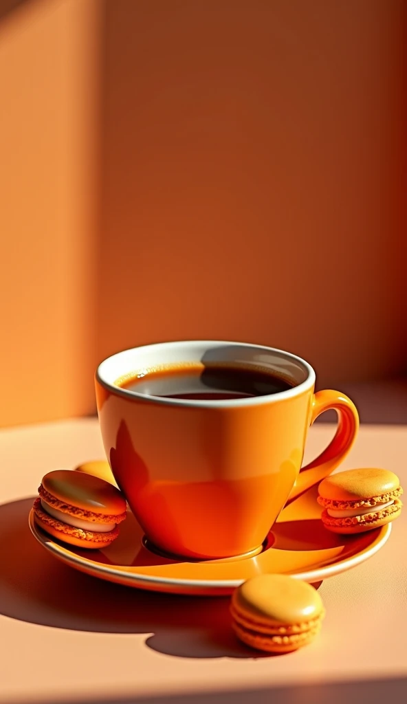 Professional photography An orange cup of coffee and orange macaroons next to it, -ar 2:3 -stylize 250 -v 6.1 -style raw