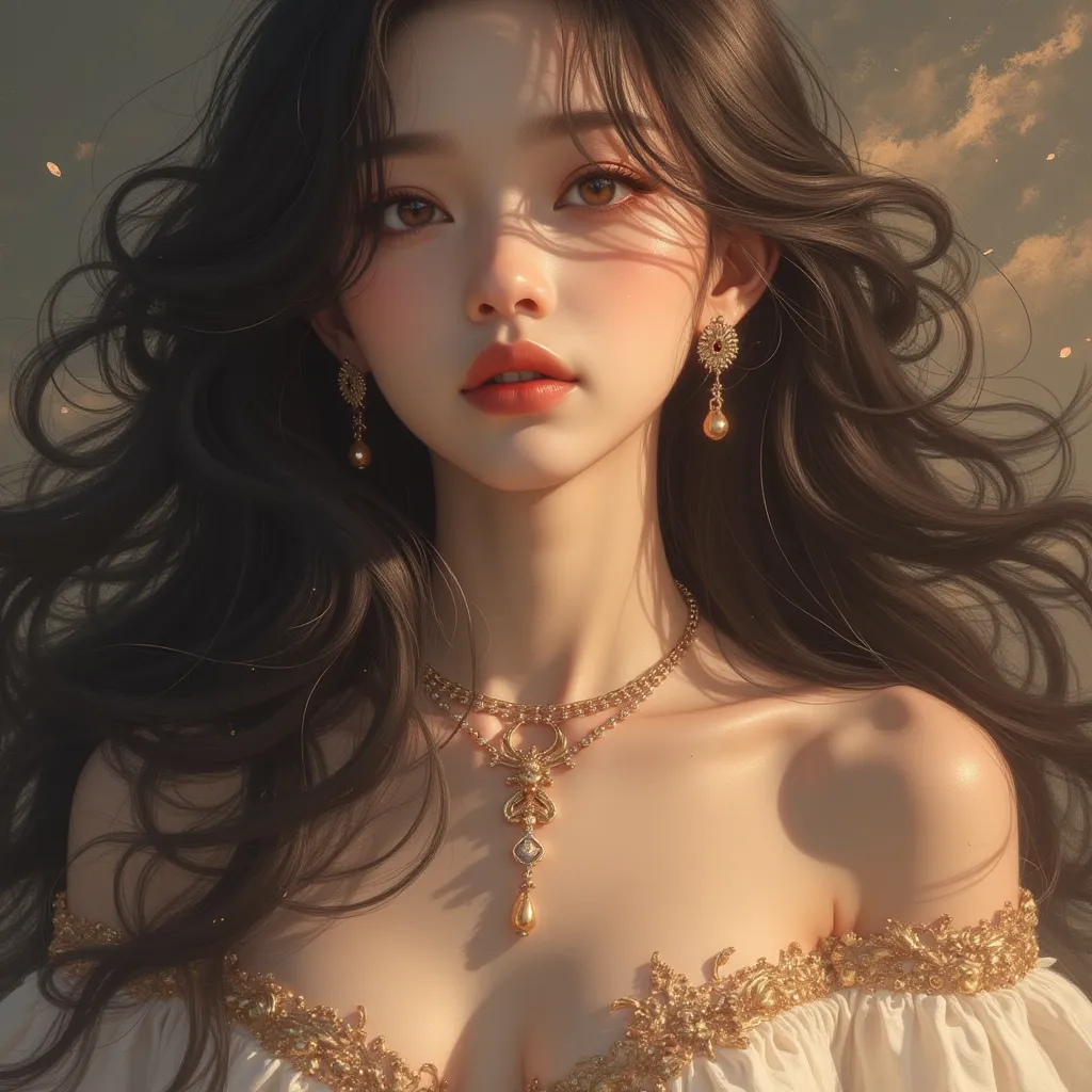 (Masterpiece + HD + Cute expression ) Beautiful woman, black hair, hazel eyes, White skin. {beautiful face, Indonesiandress, Fantasy background} 