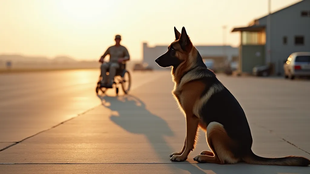 "A loyal German Shepherd sits at the edge of an airport runway, gazing into the distance. In the background, a military veteran in a wheelchair moves away, wearing a camouflage uniform. The airport terminal reflects soft sunlight, giving a warm yet melanch...