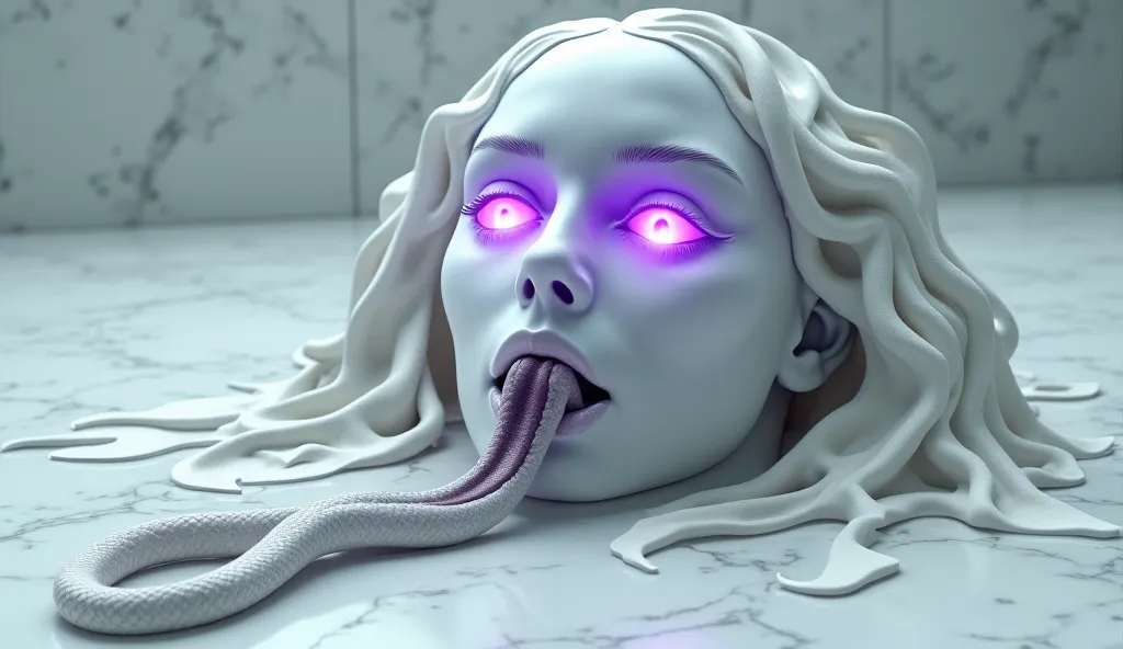 The face of a giant white woman is buried on the marble floor、 their eyes glow purple 、There is a snake coming out of the mouth、4K images、 real 